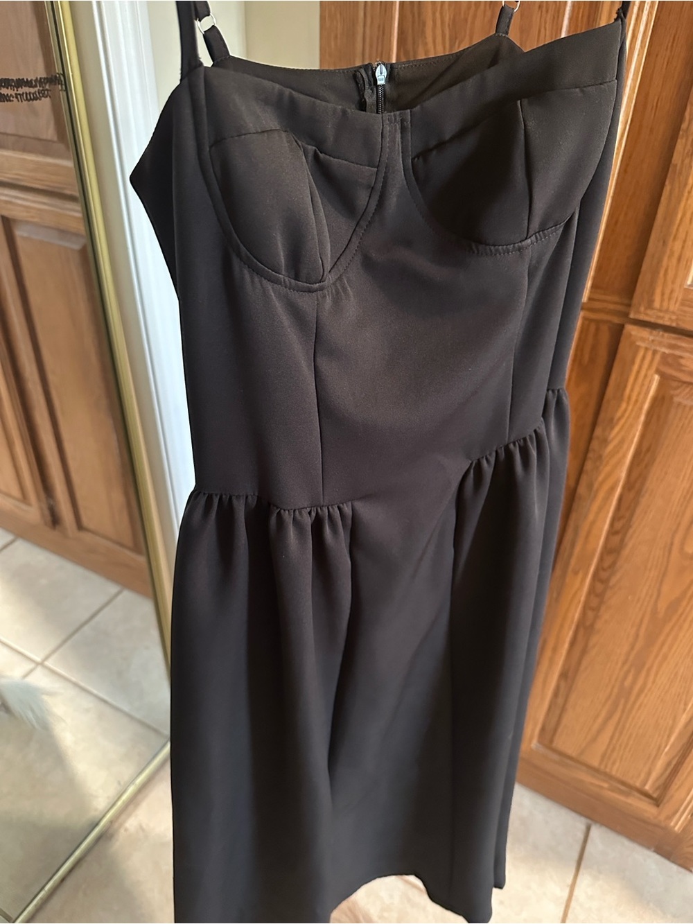 Women's Black Midi Spaghetti-Strap Dress with Fitted Bodice